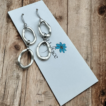 Wavy Hoop Drop Earrings – Matte Silver Asymmetrical Hoops, Hypoallergenic