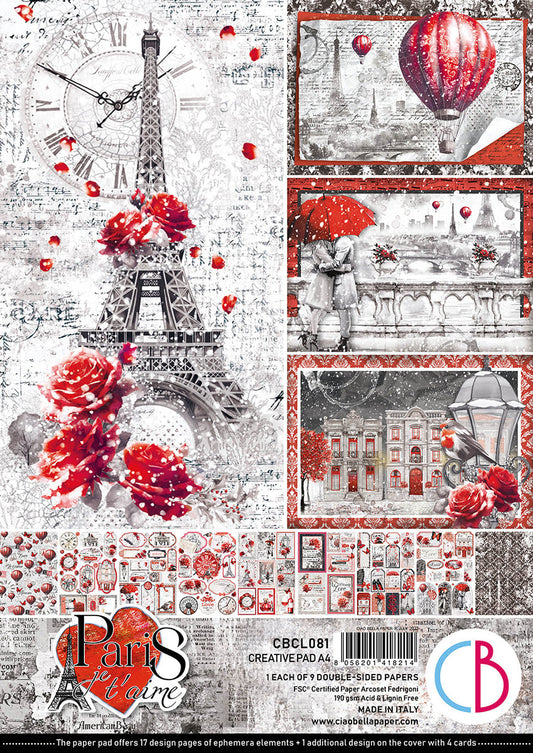 Bloc-notes créatif Paris Je t’aime A4 9/paq.