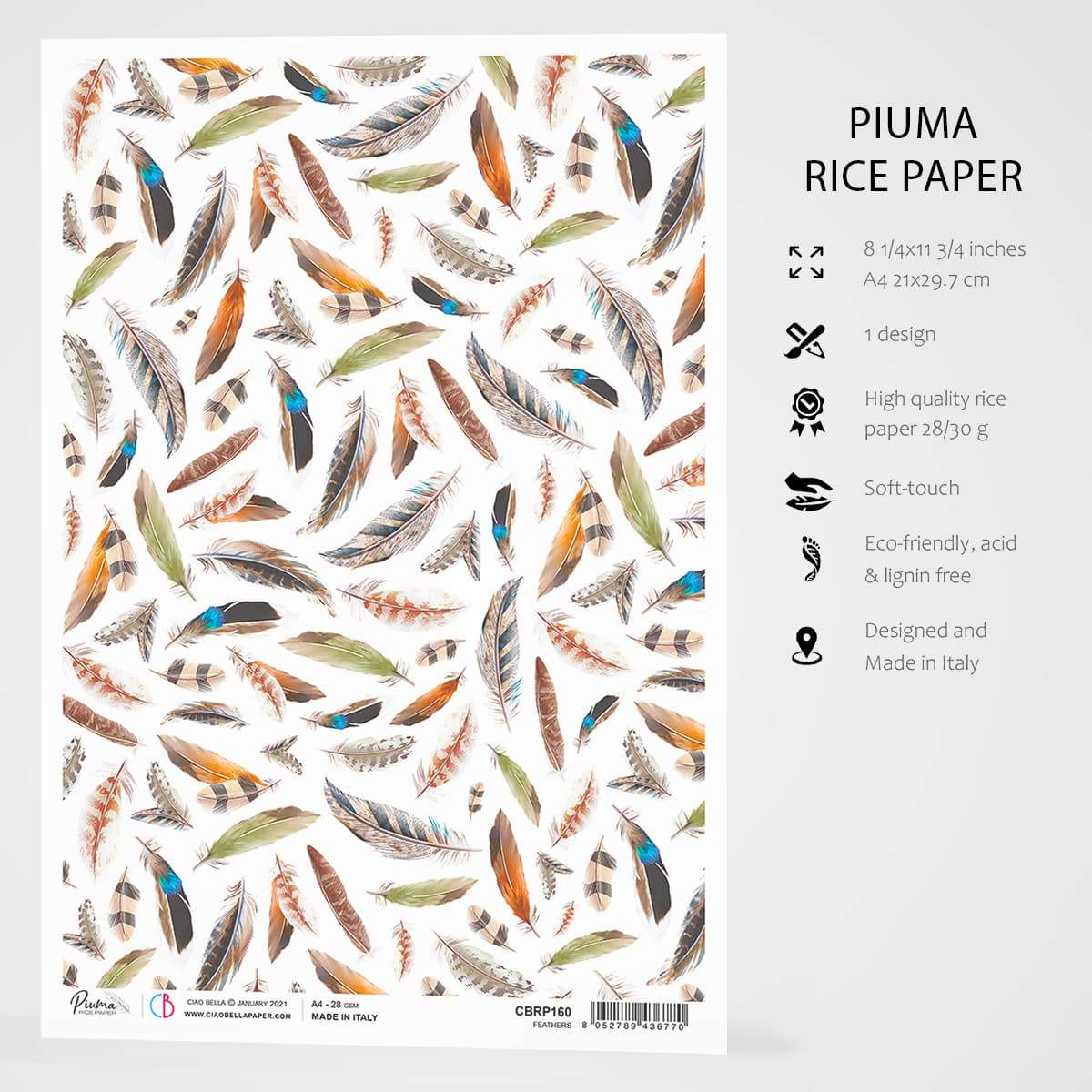 Ciao Bella Papier de Riz A4 Plumes