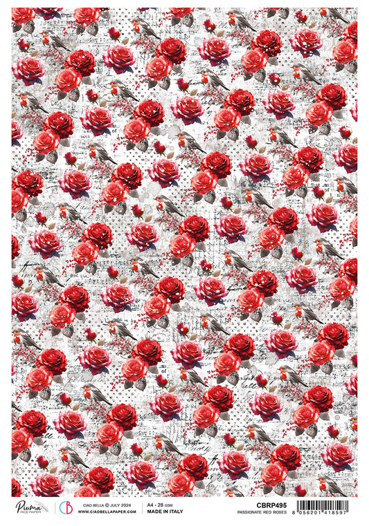 Rice Paper A4 Passionate Red Roses - 5 Sheets
