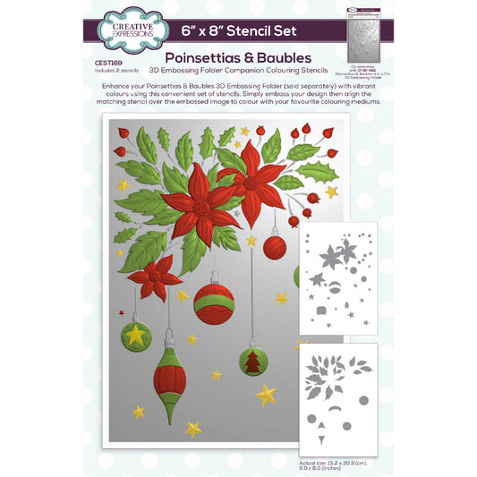 Creative Expressions Poinsettias & Baubles Companion Colouring Stencil 6 in x 8 in Set of 2