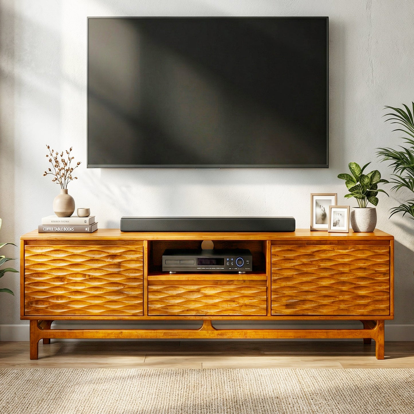 Acacia Elara Solid Wood TV Stand with Storage and Cable Management for TVs up to 80"