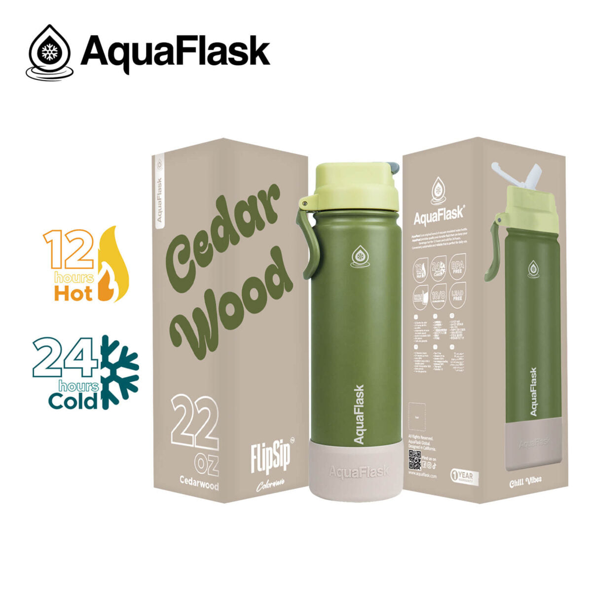 AquaFlask (22oz) Colorwave Flip Sip Insulated Water Bottle Double Wall Stainless Steel Hot & Cold