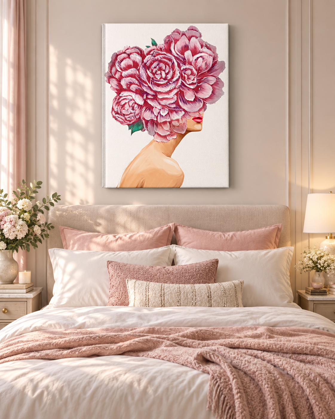 Bouquet Head — Floral Woman Portrait Canvas Wall Art | Peony Surrealist Fashion Print