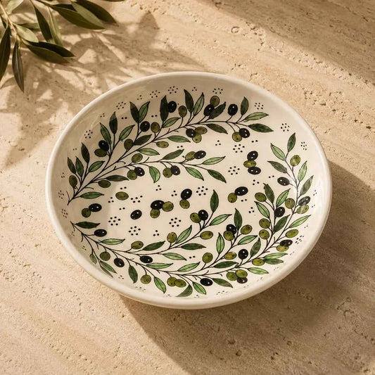 Large Handmade Ceramic Serving Bowl 35 cm – Palestinian Zatoun Branch Salad & Fruit Bowl, Decorative Tableware