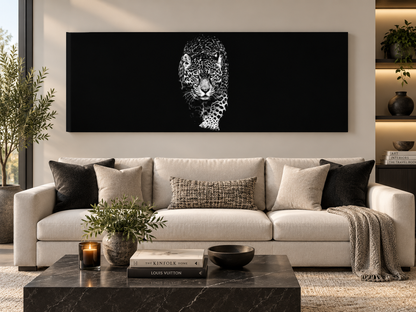Black and White Leopard Canvas Wall Art | Panoramic Wildlife Fine Art Print | Diamond Finish | 72x24"