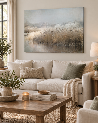 Winter Morning Canvas Wall Art | Frosted Reeds & Lake Landscape Print by Nel Talen | 3 Sizes