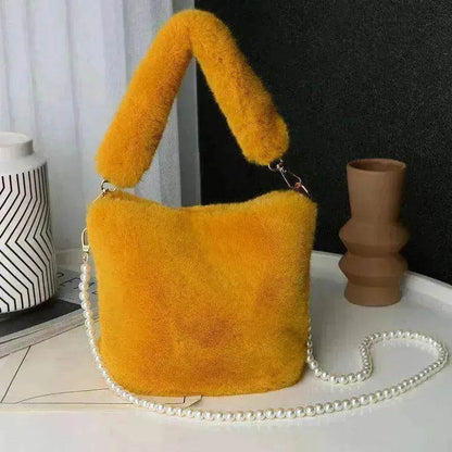 Checkerboard Plush Bucket Bag With Pearl Chain