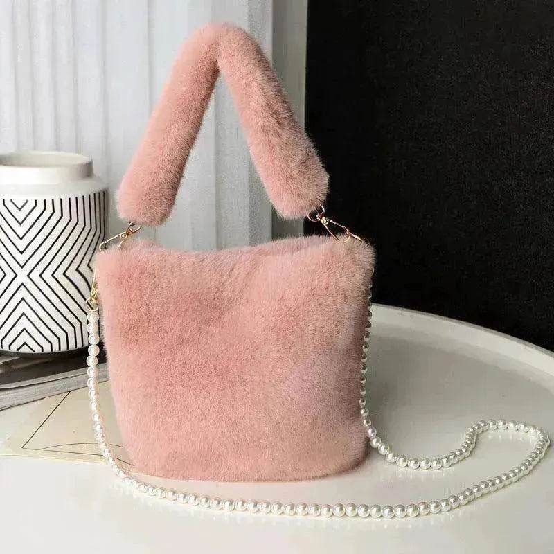 Checkerboard Plush Bucket Bag With Pearl Chain