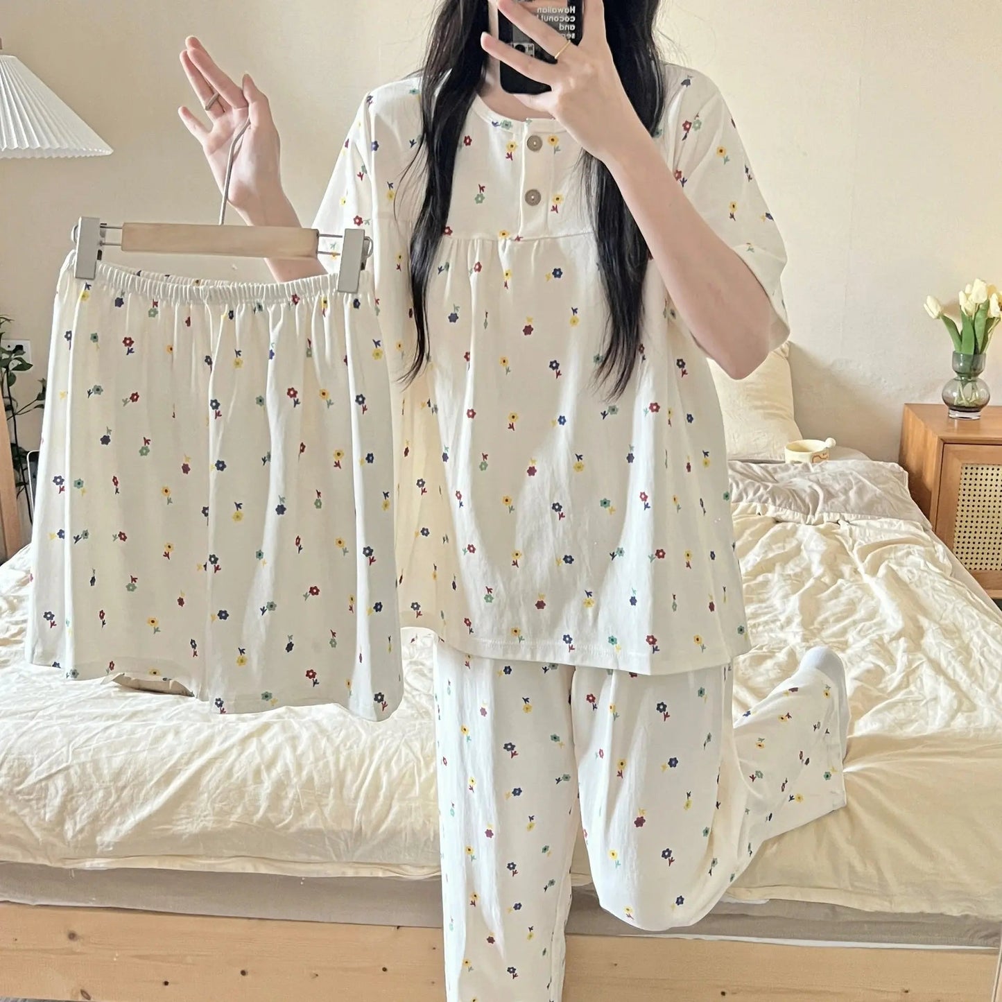 Cotton Three-piece Pajamas For Women Spring And Summer