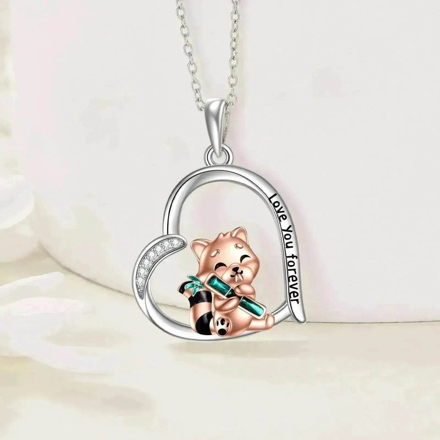 Cute Red Panda inside Heart Sterling 925 Silver Necklace