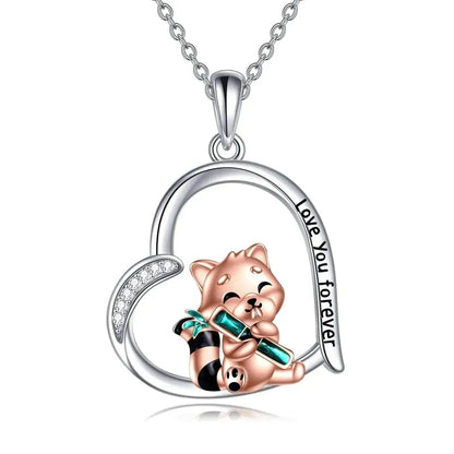 Cute Red Panda inside Heart Sterling 925 Silver Necklace