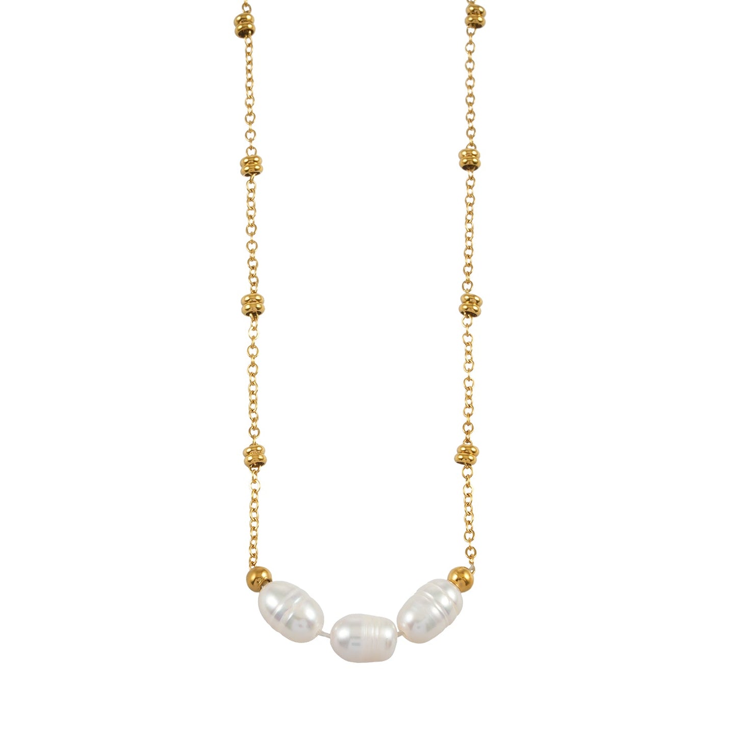 DAMINNA Gold : Collier chaîne perlée délicate avec trio de perles d'eau douce