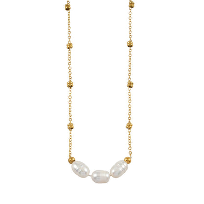 DAMINNA Gold : Collier chaîne perlée délicate avec trio de perles d'eau douce
