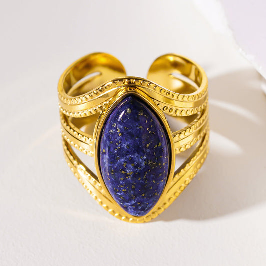TIAMO : Bague d'inspiration vintage avec triple anneau orné et pièce maîtresse en lapis-lazuli