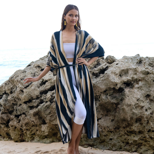 Kimono long abstrait audacieux en tie-dye gris et or