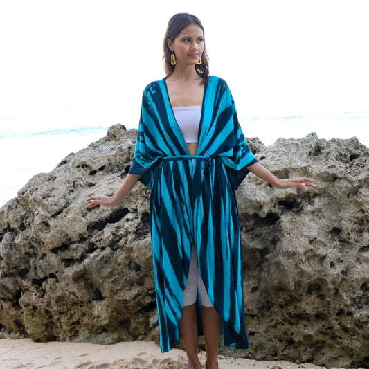 Kimono long abstrait audacieux tie-dye sarcelle et noir
