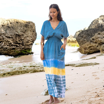 Beach Stripe & Tie Dye Maxi Dress In Grey