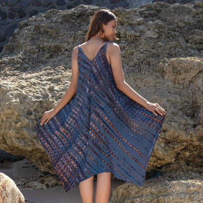Handkerchief Dress In Denim & Gold Tie Dye