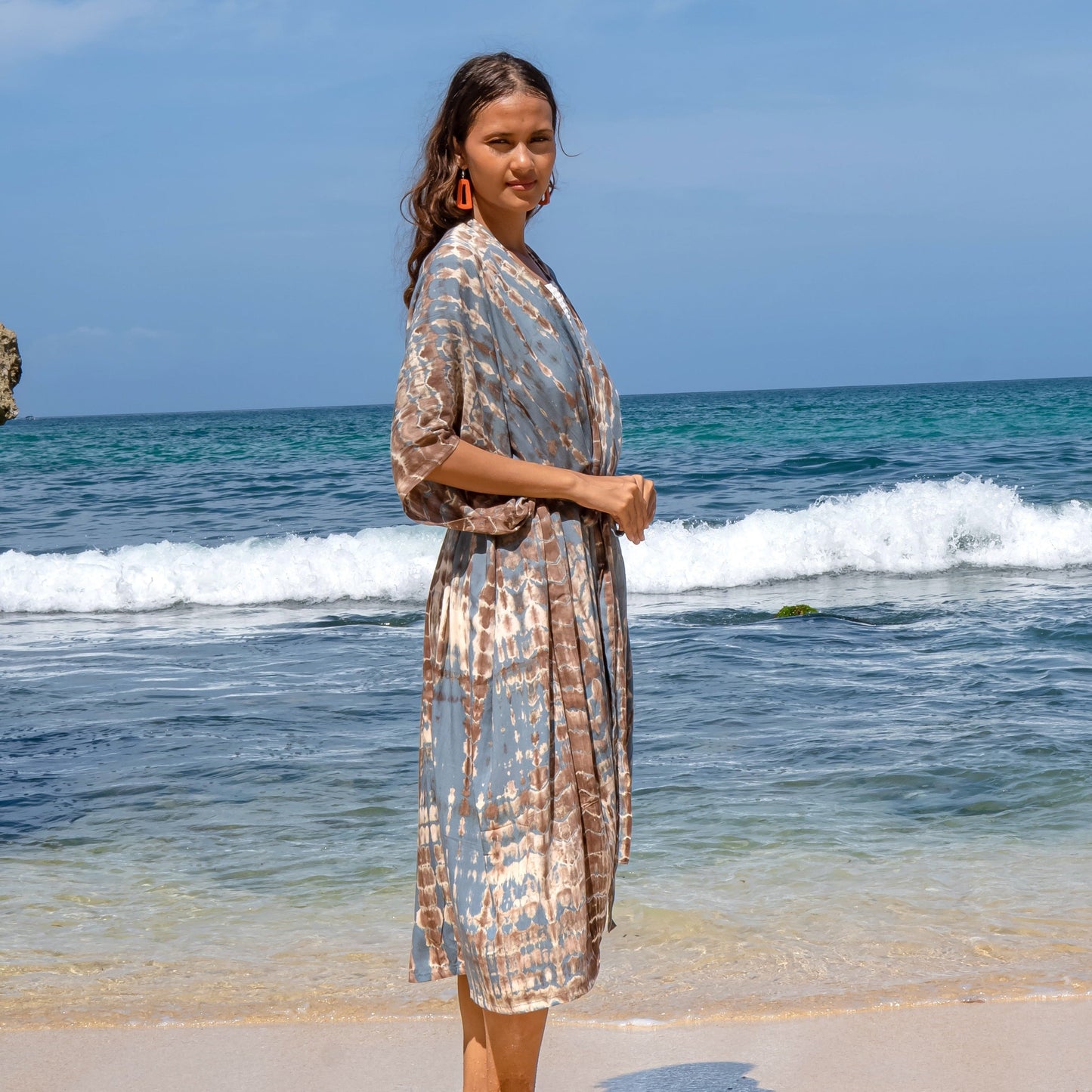 Long Kimono In Tan & Grey Tie Dye