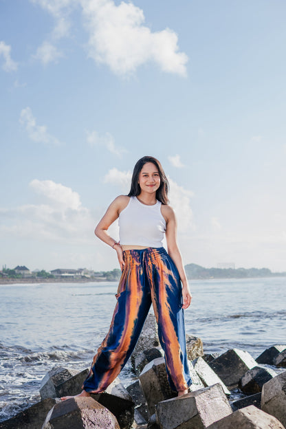 Pantalon Bali Tie-Dye Abstrait Bleu Marine et Doré