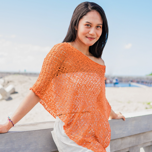 Poncho court en maille popcorn - Orange