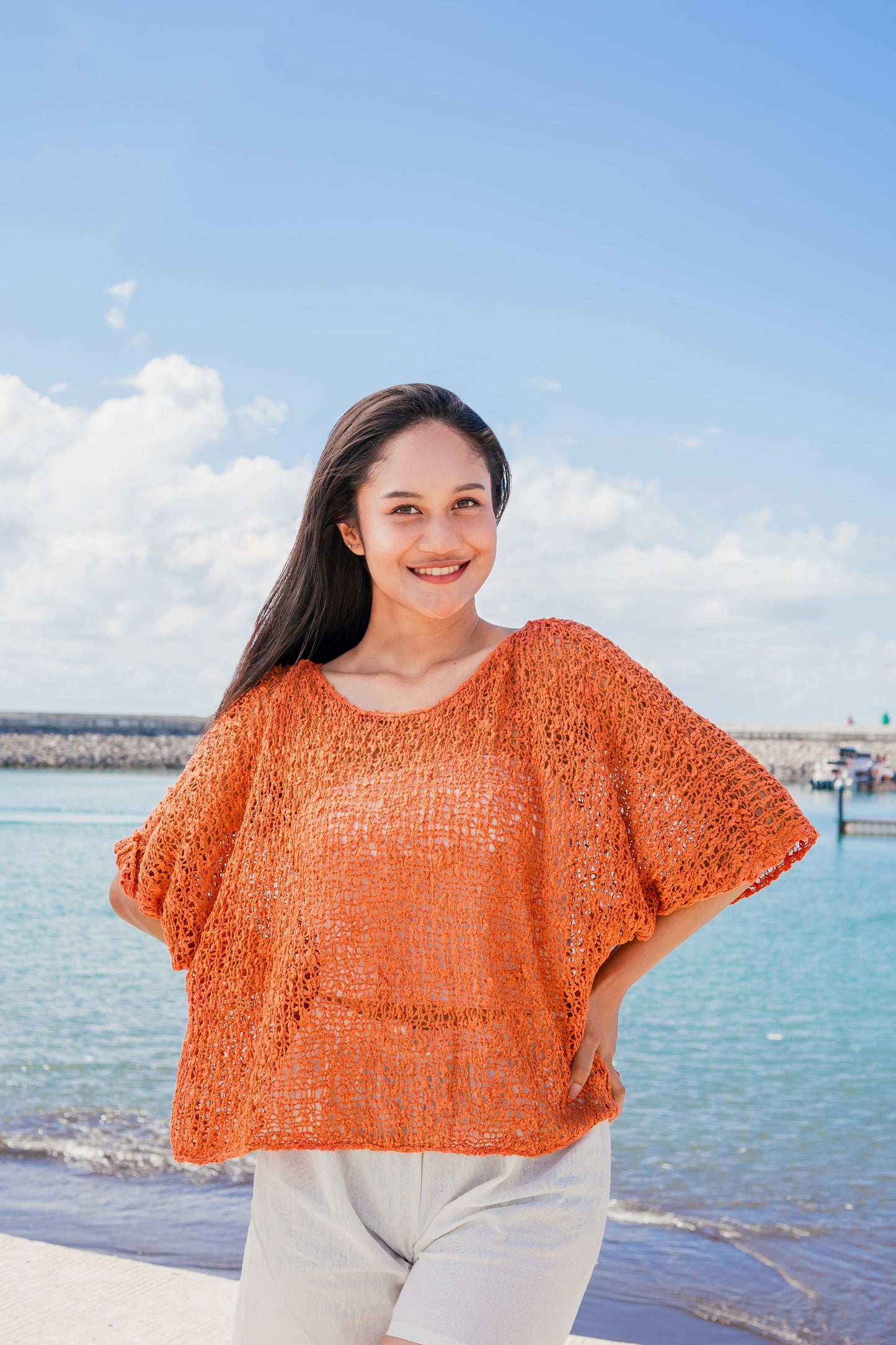 Haut en maille popcorn - Orange