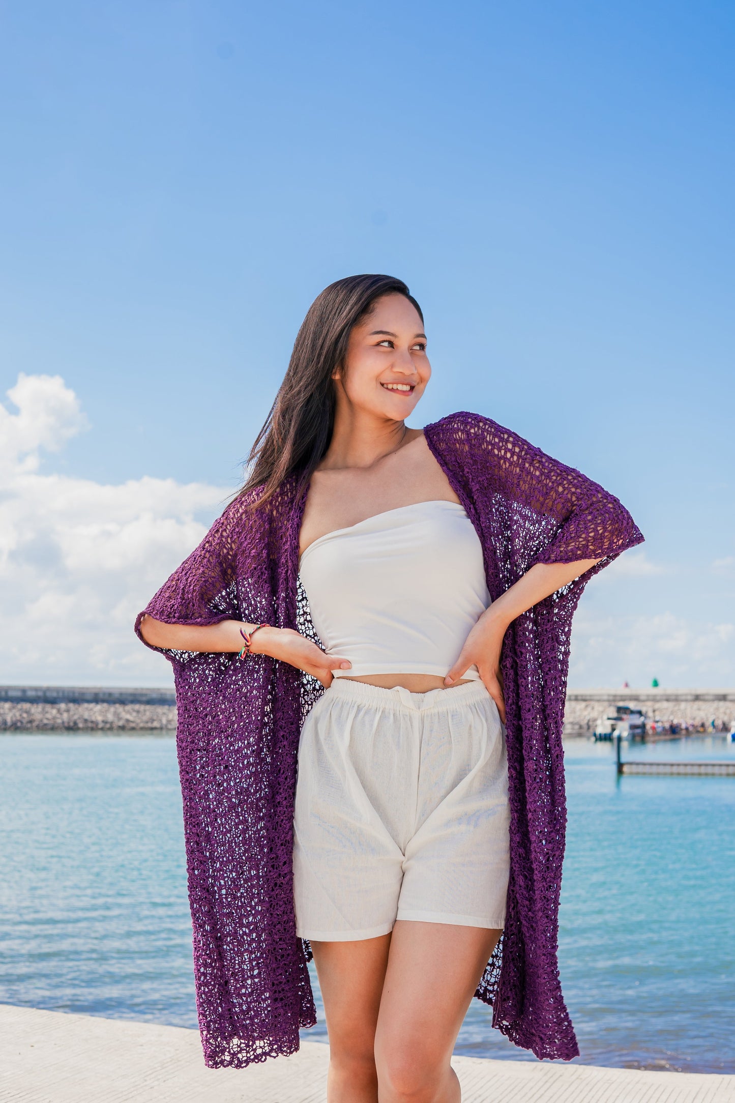 Mid Length Popcorn Knit Kimono - Purple