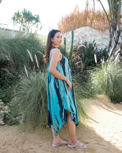 Abstract Tie Dye Handkerchief Dress - Blue