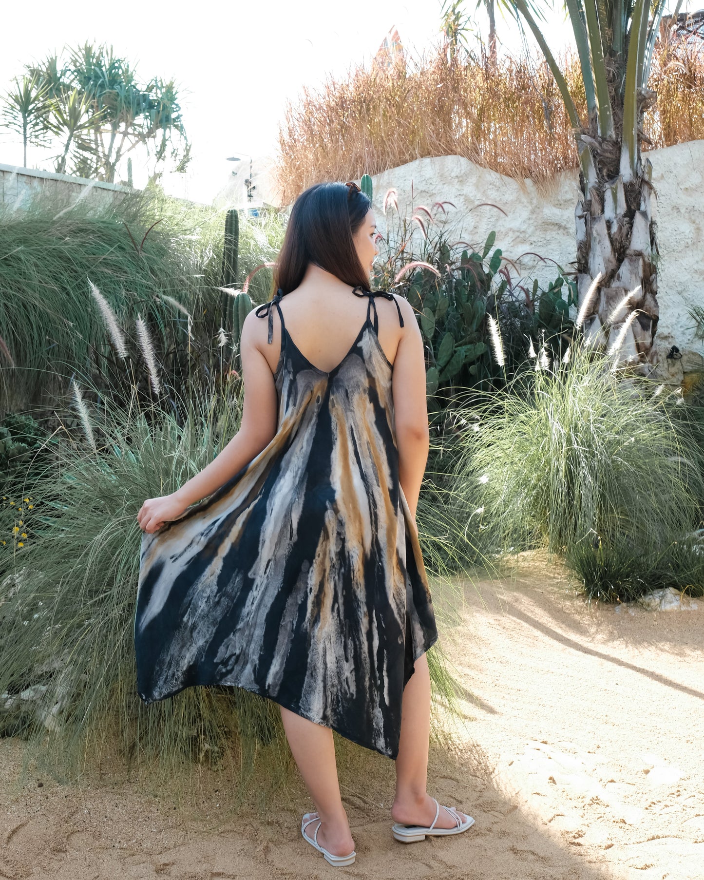 Abstract Tie Dye Handkerchief Dress -  Grey & Gold
