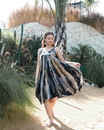 Abstract Tie Dye Handkerchief Dress -  Grey & Gold