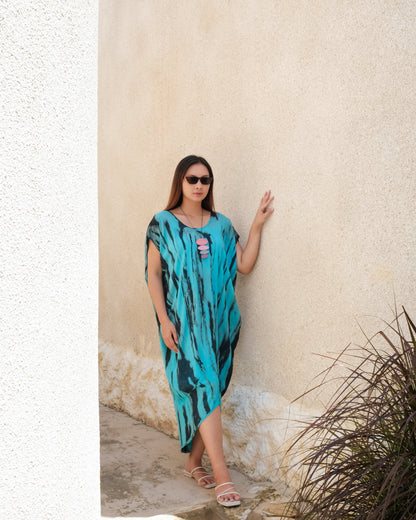 Abstract Tie Dye Design Kaftan Dress - Blue & Grey