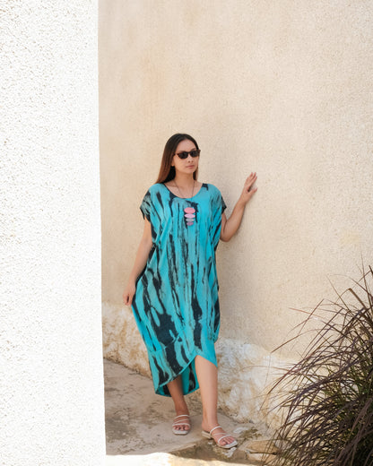 Abstract Tie Dye Design Kaftan Dress - Blue & Grey