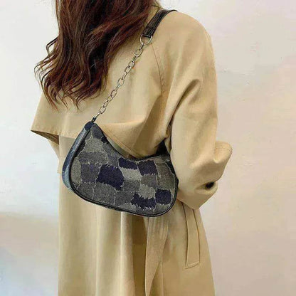 Denim Shoulder Simple Plaid Patchwork Underarm Women Bag