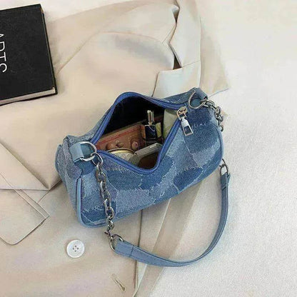Denim Shoulder Simple Plaid Patchwork Underarm Women Bag