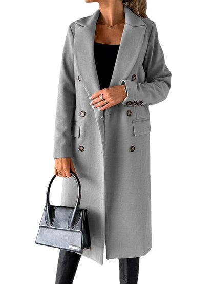 Double Breasted Lapel Coat Winter Fashion Solid Slim Long Jacket Long Sleeve Tops Womens Clothing