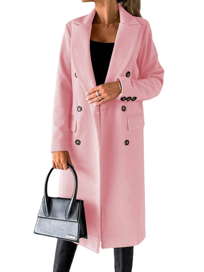 Double Breasted Lapel Coat Winter Fashion Solid Slim Long Jacket Long Sleeve Tops Womens Clothing