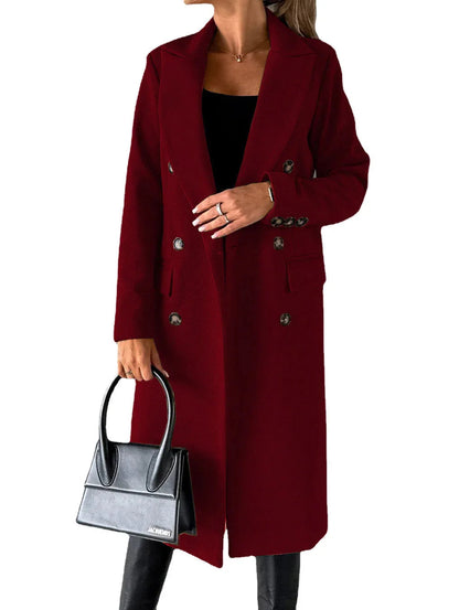 Double Breasted Lapel Coat Winter Fashion Solid Slim Long Jacket Long Sleeve Tops Womens Clothing
