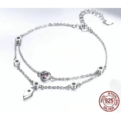 Sterling Silver Double Layer Bracelet with Pink CZ Hearts