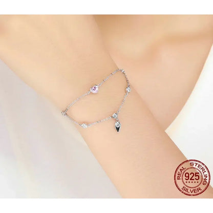 Sterling Silver Double Layer Bracelet with Pink CZ Hearts
