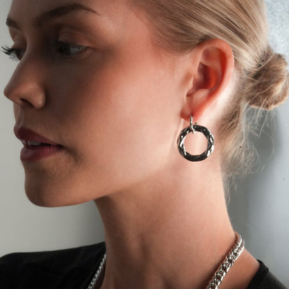 ELENA: Sculpted Texture Silver Toned (White Gold) Hoop Earrings
