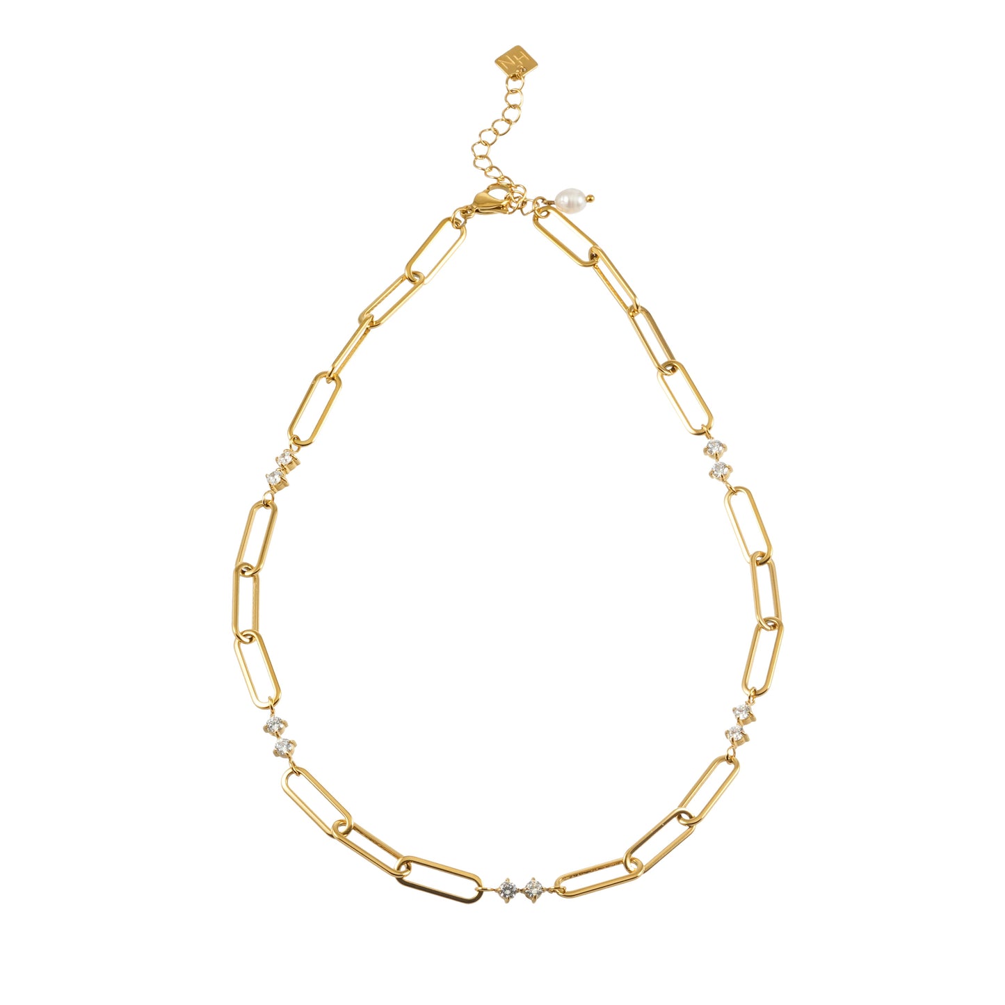 Collier en or ELOPPINA : Chaîne trombone avec accents en zircon et un pendentif perle d'eau douce