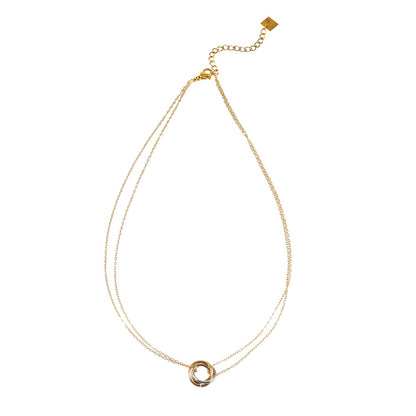 ELVIRA Mixed Metals: Double Chain Dainty Necklace with Intertwined 3-Ring Pendant – Symbol of Love, Unity & Eternity