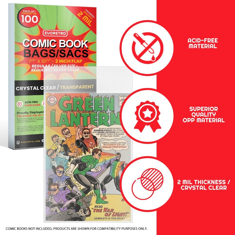 Sacs de protection pour bandes dessinées EVORETRO – Sacs pour bandes dessinées régulières et Silver Comic – 2MIL