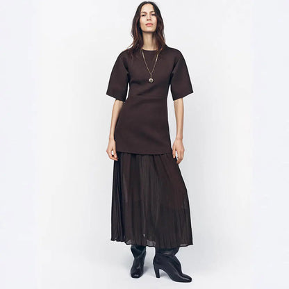 Elegant Brown Patchwork Pleated Short Sleeves Long Dress