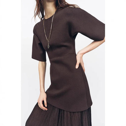Elegant Brown Patchwork Pleated Short Sleeves Long Dress