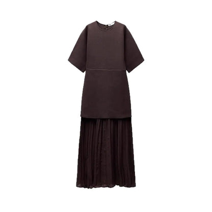 Elegant Brown Patchwork Pleated Short Sleeves Long Dress