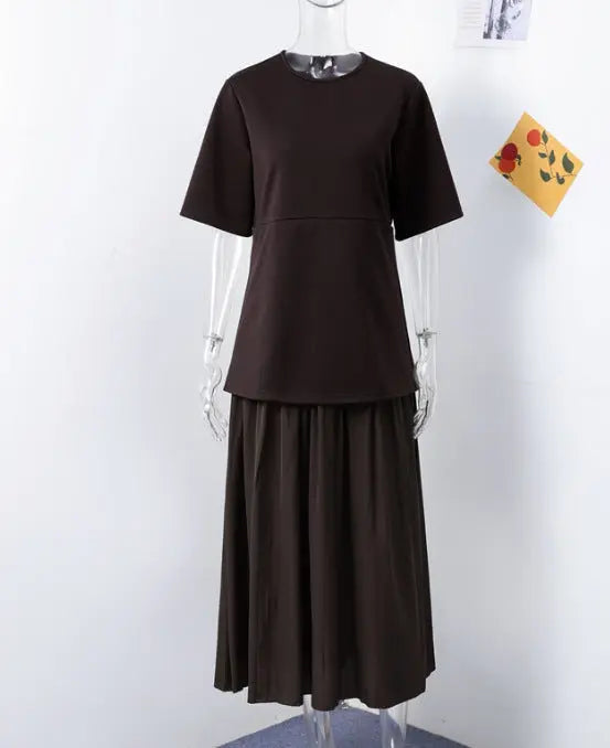 Elegant Brown Patchwork Pleated Short Sleeves Long Dress