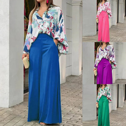 Ensemble 2 pièces élégant : haut chemise imprimé et pantalon large assorti