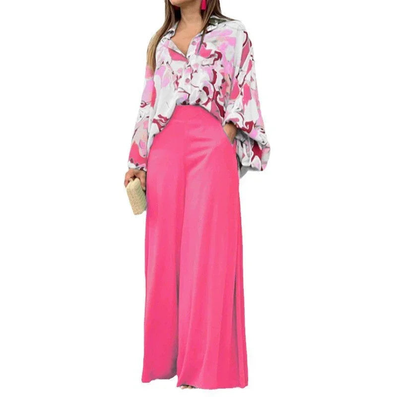 Ensemble 2 pièces élégant : haut chemise imprimé et pantalon large assorti